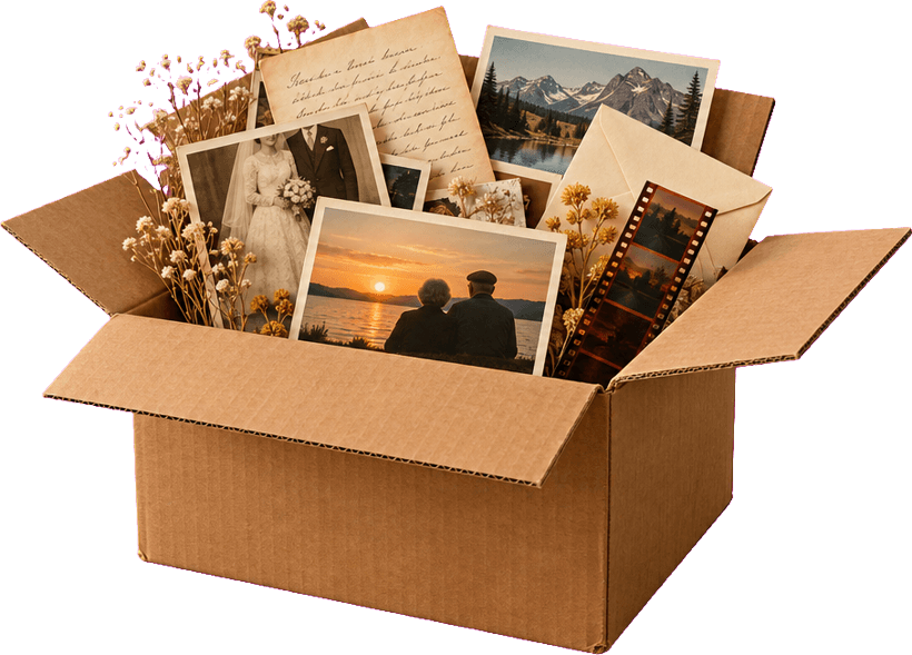 An open box of photographs, letters and a strip of film